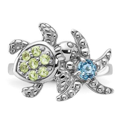 Sterling Silver Rhodium-plated Peridot and Light Swiss Blue Topaz Turtle and Starfish Ring