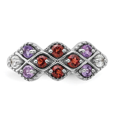 Sterling Silver Rhodium-plated Garnet Amethyst and White Topaz Ring