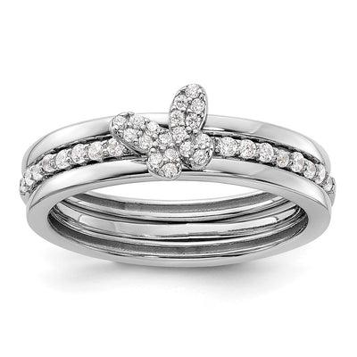 Sterling Silver RH-plated CZ Butterfly Ring with Two Plain Bands 3 Ring Set