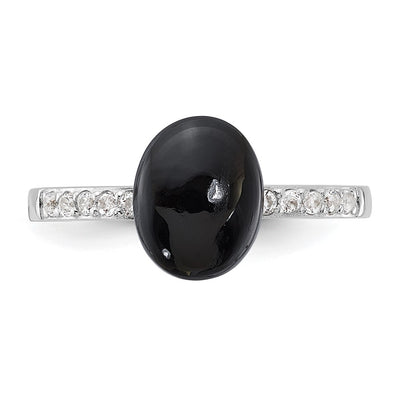 Sterling Silver Rhodium-plated Onyx and .2WT White Topaz Ring