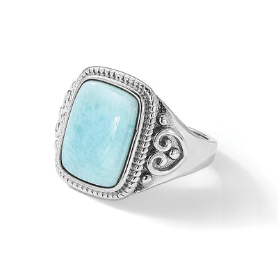 Sterling Silver Rhodium-plated Oxidized with Rectangular Larimar Ring