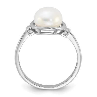 Sterling Silver Rhodium-plated White Button Freshwater Cultured Pearl and CZ Circle Ring