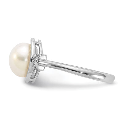 Sterling Silver Rhodium-plated White Button Freshwater Cultured Pearl and CZ Circle Ring