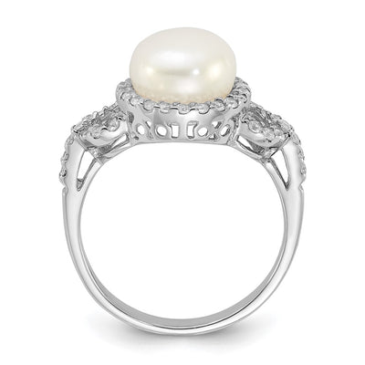 Sterling Silver Rhodium-plated White Button Freshwater Cultured Pearl and CZ Ring