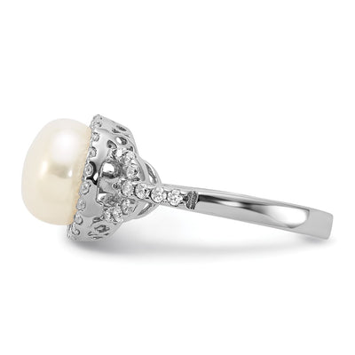 Sterling Silver Rhodium-plated White Button Freshwater Cultured Pearl and CZ Ring