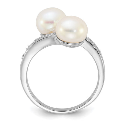 Sterling Silver Rhodium-plated White Button Freshwater Cultured Pearl and CZ Bypass Ring