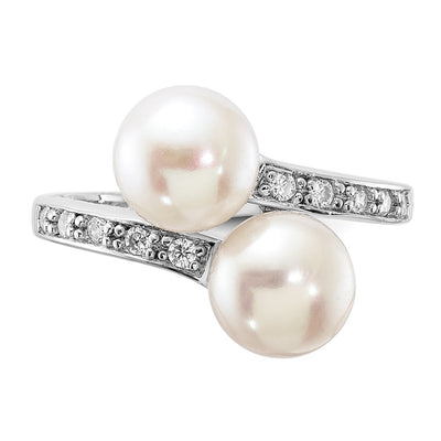 Sterling Silver Rhodium-plated White Button Freshwater Cultured Pearl and CZ Bypass Ring
