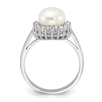 Sterling Silver Rhodium-plated White Freshwater Cultured Pearl and CZ Ring