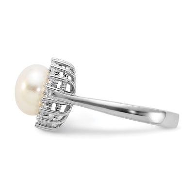 Sterling Silver Rhodium-plated White Freshwater Cultured Pearl and CZ Ring