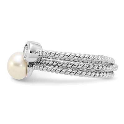Sterling Silver Rhodium-plated White Freshwater Cultured Pearl and CZ 3 Ring Set