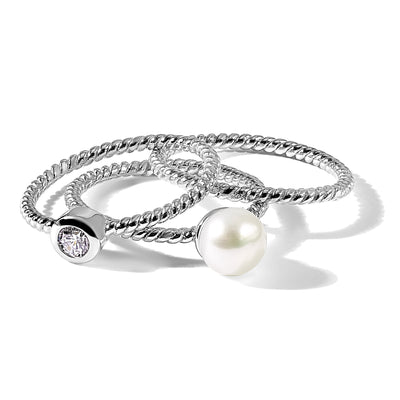 Sterling Silver Rhodium-plated White Freshwater Cultured Pearl and CZ 3 Ring Set