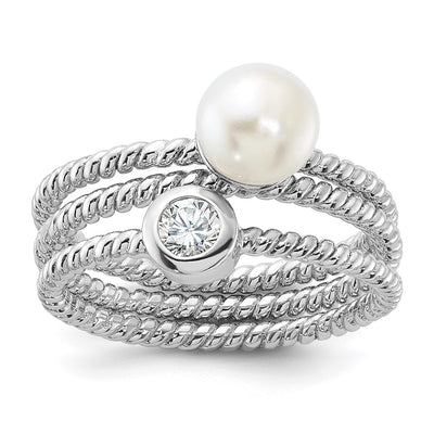 Sterling Silver Rhodium-plated White Freshwater Cultured Pearl and CZ 3 Ring Set