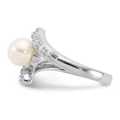 Sterling Silver Rhodium-plated White Freshwater Cultured Pearl and CZ Bypass Ring