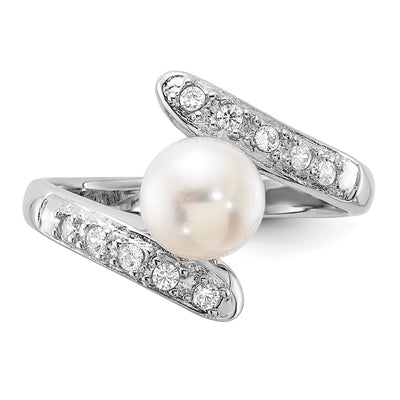 Sterling Silver Rhodium-plated White Freshwater Cultured Pearl and CZ Bypass Ring