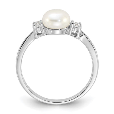 Sterling Silver Rhodium-plated White Freshwater Cultured Pearl and CZ Ring