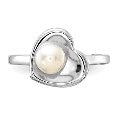 Sterling Silver Rhodium-plated White Freshwater Cultured Pearl Heart Ring