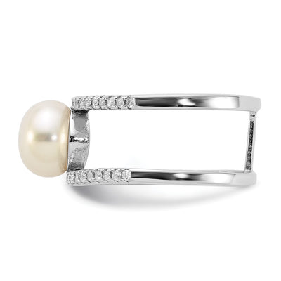 Sterling Silver Rhodium-plated White Freshwater Cultured Pearl and CZ Ring