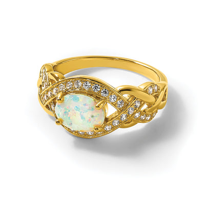 Sterling Silver Gold-tone Polished CZ and Lab Created Opal Size 6 Twisted Ring
