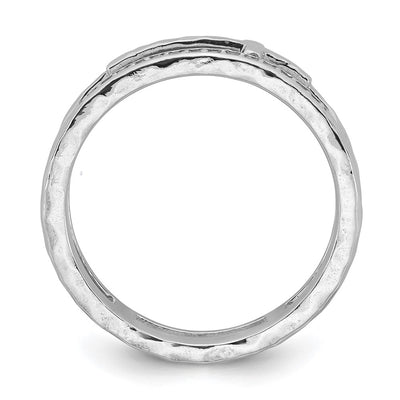 Sterling Silver Rhodium-plated Polished CZ and Hammered Cross Double Band Size