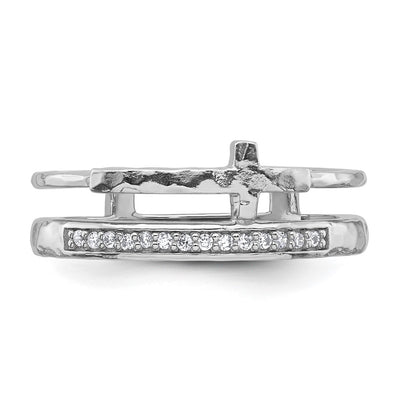 Sterling Silver Rhodium-plated Polished CZ and Hammered Cross Double Band Size