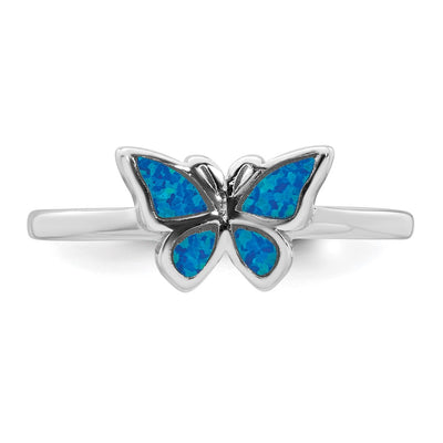 Sterling Silver Rhodium-plated Polished Blue Lab Created Opal Butterfly Size