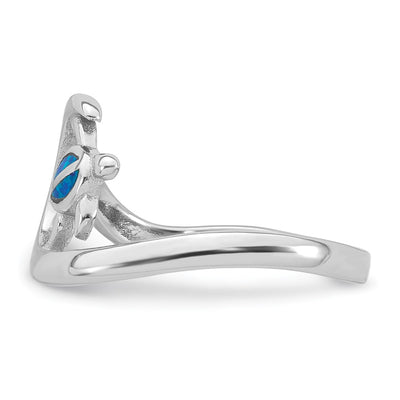 Sterling Silver Rhodium-plated Polished Blue Lab Created Opal Turtle on Wave Size