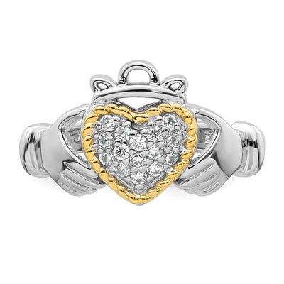 Sterling Silver Rhodium-plated with 14K Accent Polished CZ Size 7 Claddagh Ring