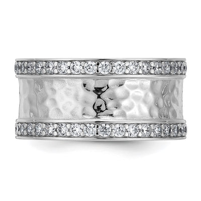 Sterling Silver Rhodium-plated CZ Polished And Hammered Band Size