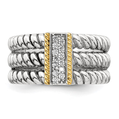 Sterling Silver with 14K Accent Antiqued Polished CZ Triple Twisted Ring