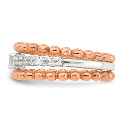 Sterling Silver and Rose-tone Polished Round White CZ Ring with 2 Beaded Bands Size 6 Three Ring Set