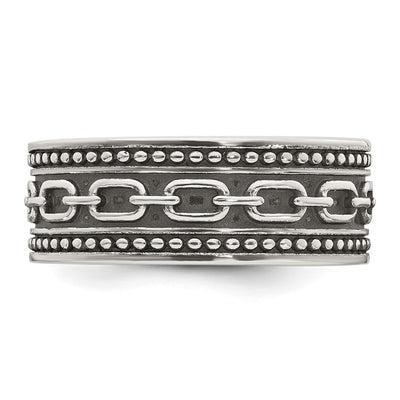 Sterling Silver Polished Beaded Antiqued Chain Link Band Size 9 Mens Ring