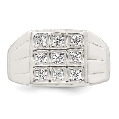 Sterling Silver Polished and Grooved White CZ Square Size 9 Mens Ring