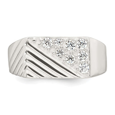 Sterling Silver Polished and Grooved White CZ Size 9 Mens Ring