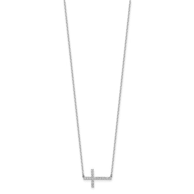 Sterling Shimmer Sterling Silver Rhodium-plated CZ 17 Stone Sideway Cross with Extension Necklace