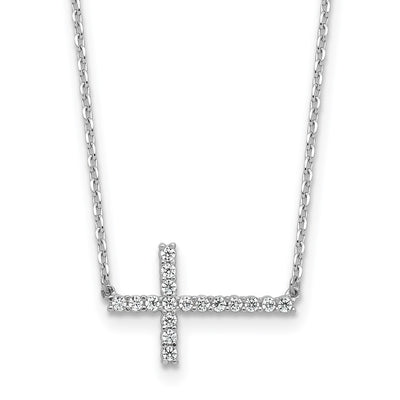 Sterling Shimmer Sterling Silver Rhodium-plated CZ 17 Stone Sideway Cross with Extension Necklace