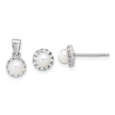 Sterling Silver Rh-plated FWC Pearl and CZ Earrings and Pendant Set