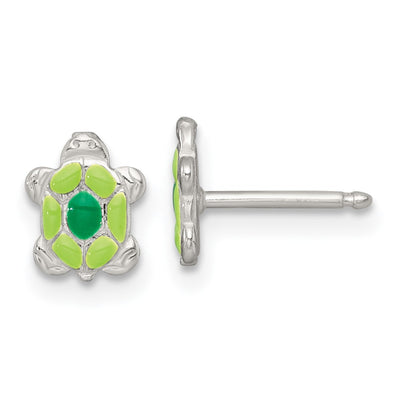Sterling Silver Polished Green Enameled Turtle Childrens Necklace and Post Earrings Set