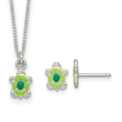 Sterling Silver Polished Green Enameled Turtle Childrens Necklace and Post Earrings Set