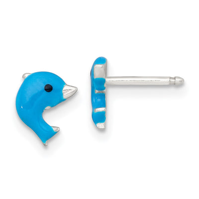 Sterling Silver Polished Blue and Black Enameled Dolphin Childrens Necklace and Post Earrings Set
