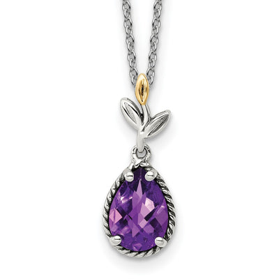 Shey Couture Sterling Silver with 14K Accent Leaves with Checkerboard Pear Shaped Amethyst Necklace with Extender