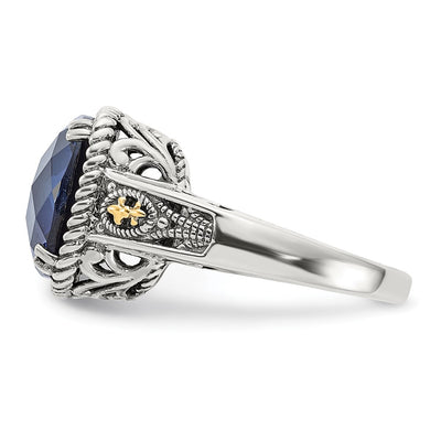 Shey Couture Sterling Silver with 14K Antiqued Lab Created Checker Cushion Sapphire Ring