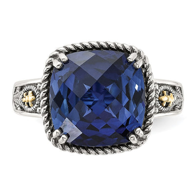 Shey Couture Sterling Silver with 14K Antiqued Lab Created Checker Cushion Sapphire Ring