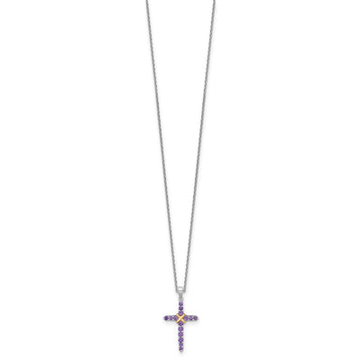 Shey Couture Sterling Silver Rhodium-plated with 14K -X- Accent Round Amethyst Cross with Extension Necklace