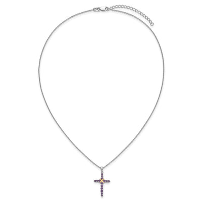 Shey Couture Sterling Silver Rhodium-plated with 14K -X- Accent Round Amethyst Cross with Extension Necklace
