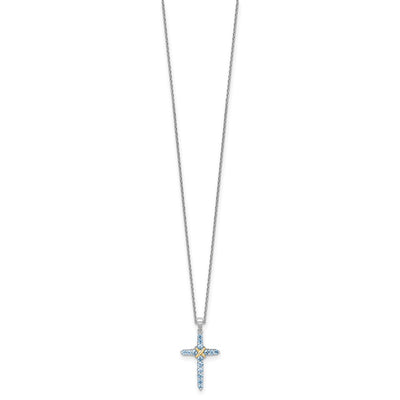 Shey Couture Sterling Silver Rhodium-plated with 14K -X- Accent Round Light Swiss Blue Topaz Cross with Extension Necklace