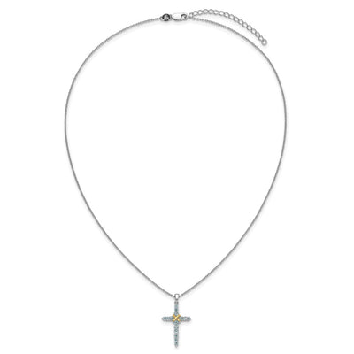 Shey Couture Sterling Silver Rhodium-plated with 14K -X- Accent Round Light Swiss Blue Topaz Cross with Extension Necklace