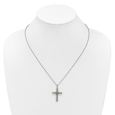Shey Couture Sterling Silver Rhodium-plated with 14K Accent Round London Blue Topaz Textured Cross with Extension Necklace