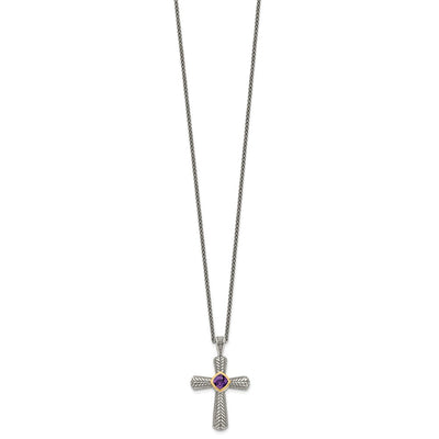 Shey Couture Sterling Silver with 14K Accent Antiqued Cushion Bezel Amethyst Cross Necklace