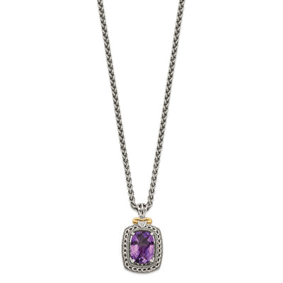 Shey Couture Sterling Silver with 14K Accent Antiqued Checkerboard-cut Cushion Amethyst and Diamond Necklace