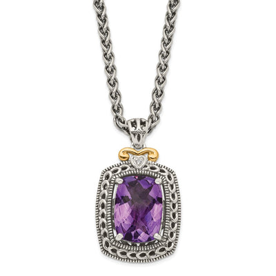 Shey Couture Sterling Silver with 14K Accent Antiqued Checkerboard-cut Cushion Amethyst and Diamond Necklace